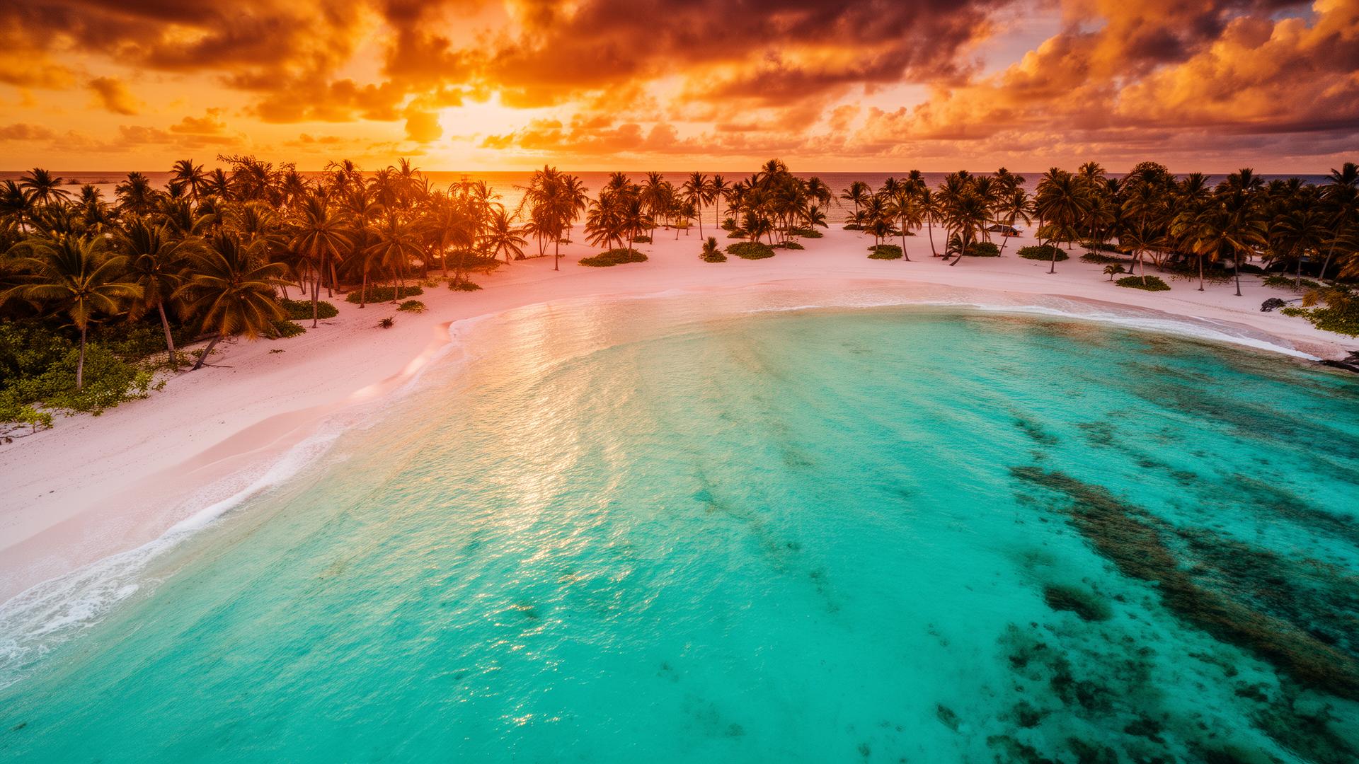 Praia tropical paradisíaca ao pôr do sol